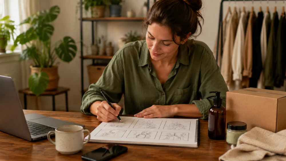 Small business owner planning a short AI video ad before editing